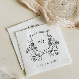 Servilleta De Papel Elegante Cresta y Monograma Boda en Blanco y Negro