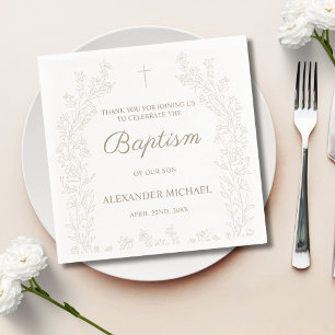 Servilleta De Papel Elegante Cruz Dorada Floral Bautizo Cristiano