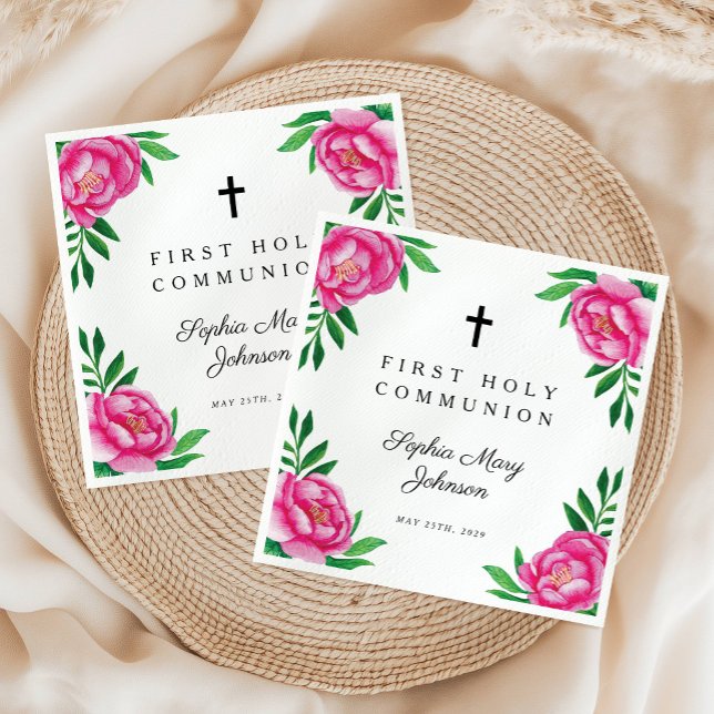 Servilleta De Papel Elegante Cruz Floral Rosa Primera Comunión (Elegant Pink Floral Cross First Communion Napkins)