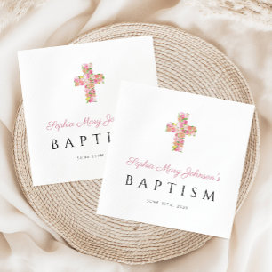 Servilleta De Papel Elegante Cruz Floral Rosa Religiosa Bautismo