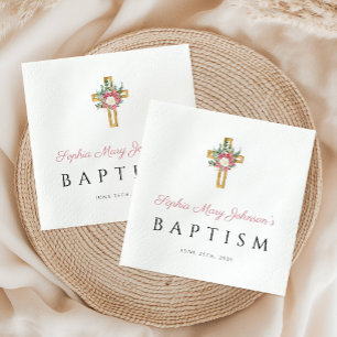 Servilleta De Papel Elegante Cruz Religiosa Floral Rosa Bautizo de Niñ