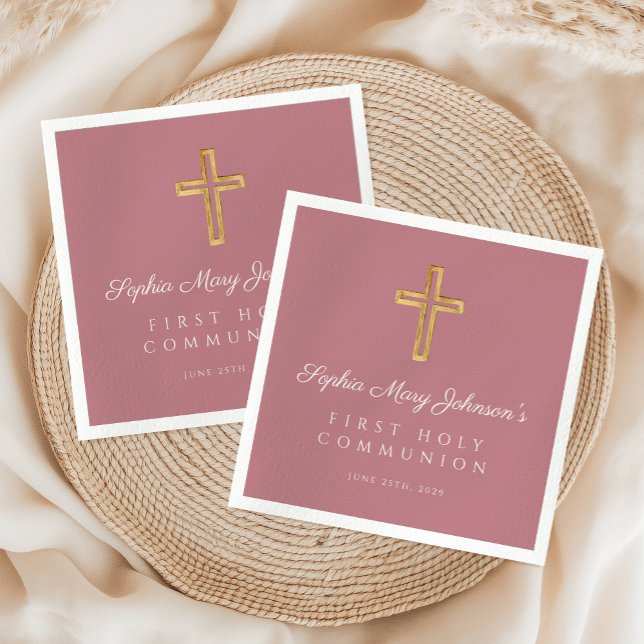 Servilleta De Papel Elegante cruz religiosa rosa Chica primera comunió (Elegant Pink Religious Cross Girl First Communion Napkins)