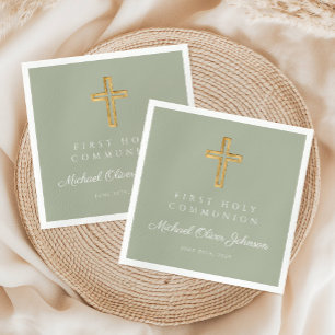 Servilleta De Papel Elegante cruz verde sabia Primera comunión religio