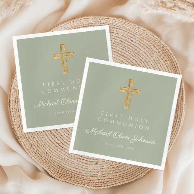 Servilleta De Papel Elegante cruz verde sabia Primera comunión religio (Elegant Sage Green Cross Religious First Communion Napkins)