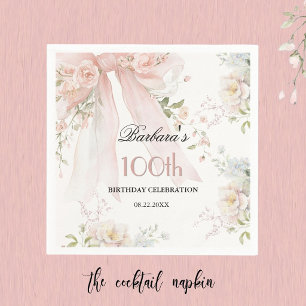 Servilleta De Papel Elegante Cumpleaños 100 Años Floral Rosa Acuarela