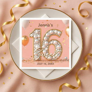 Servilleta De Papel Elegante Cumpleaños 16 Dulce Rosa Perla Dorado