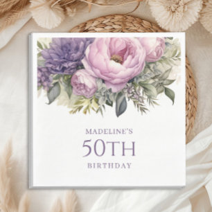 Servilleta De Papel Elegante Cumpleaños 50 Floral Rosa Púrpura