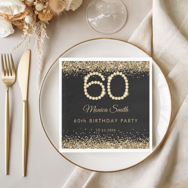Servilleta De Papel Elegante Cumpleaños 60 con Diamantes de Oro (Gold Diamonds 60th Birthday Napkins)