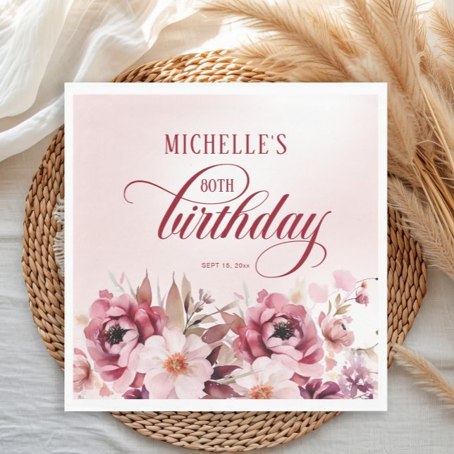 Servilleta De Papel Elegante Cumpleaños 80 Floral Burdeos Rosa (Burgundy and pink watercolor floral birthday party paper napkin)