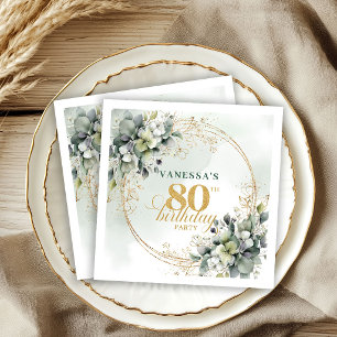 Servilleta De Papel Elegante Cumpleaños 80 Verde Polvoriento Dorado Eu