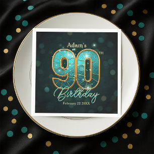 Servilleta De Papel Elegante Cumpleaños 90 en Turquesa y Dorado