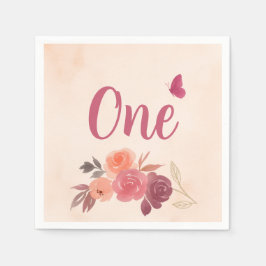 Servilleta De Papel Elegante Cumpleaños Floral Acuarela Rosa Uno 1er C
