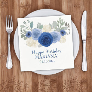 Servilleta De Papel Elegante Cumpleaños Floral Azul Marino