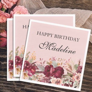 Servilleta De Papel Elegante Cumpleaños Floral Rosa Burdeos Feliz