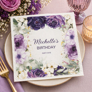 Servilleta De Papel Elegante Cumpleaños Nombre Floral Purpura Blanco B