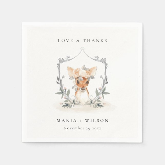 Servilleta De Papel Elegante Cute Ciervo Floral Cresta Boda (Anverso)