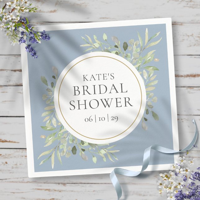 Servilleta De Papel Elegante dorado Dusty Blue Greenery Bridal Shower (Elegant Gold Dusty Blue Greenery Bridal Shower Napkins)