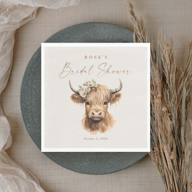 Servilleta De Papel Elegante Ducha Bridal Boho Highland Cow (Elegant boho highland cow bridal shower napkins.)
