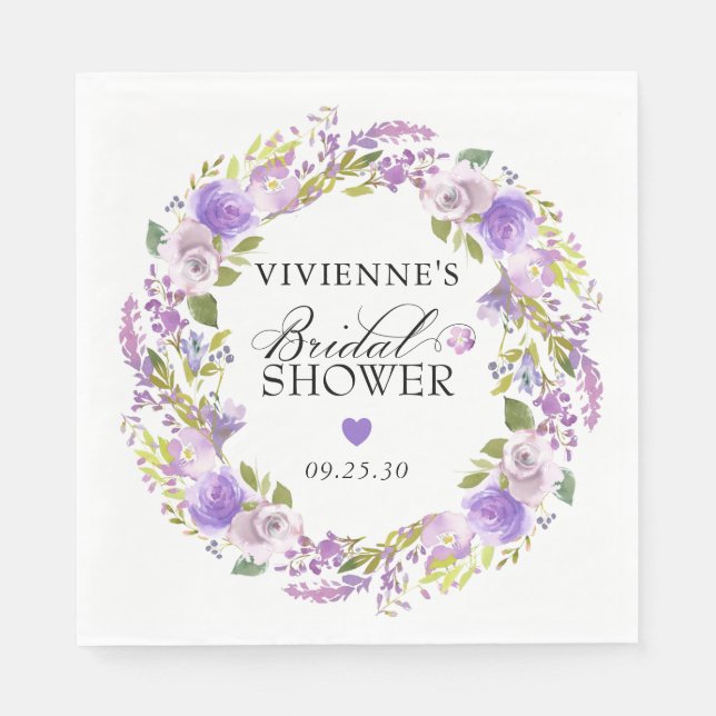 Servilleta De Papel Elegante Ducha de Novia Floral Púrpura Blanco (Anverso)