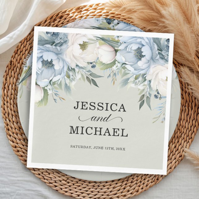 Servilleta De Papel Elegante Dusty Azul Marfil Floral Sage Verde (Sage green wedding paper napkins with dusty blue and white watercolor flowers)