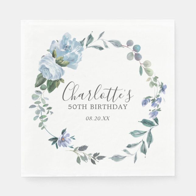 Servilleta De Papel Elegante Dusty Blue Floral 50 Personalizado de cum (Anverso)