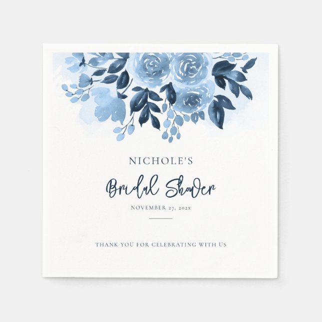 Servilleta De Papel Elegante Dusty Blue Floral Script Bridal Shower (Anverso)