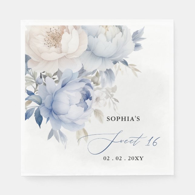 Servilleta De Papel Elegante Dusty Blue Floral Sweet 16 (Anverso)
