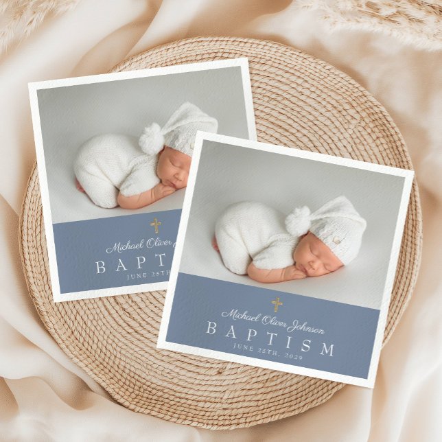 Servilleta De Papel Elegante Dusty Blue Religious Cross Photo Baptism (Elegant Dusty Blue Religious Cross Photo Baptism Napkins)