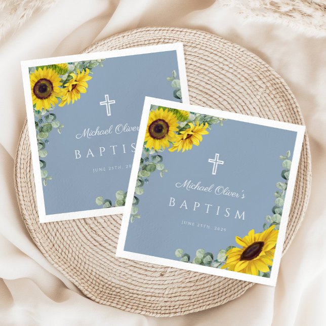 Servilleta De Papel Elegante Dusty Blue Sunflower Bautismo religioso (Elegant Dusty Blue Sunflower Religious Baptism Napkins)