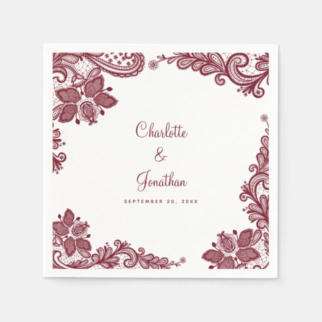 Servilleta De Papel Elegante Encaje Bodas Compromiso Novia & Novio Roj (Anverso)