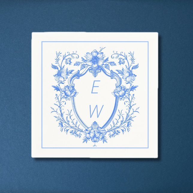 Servilleta De Papel Elegante Escudo azul Monograma Boda (Elegant Blue Crest Monogram Wedding Napkins)