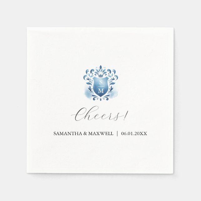Servilleta De Papel Elegante Escudo azul y monogramado (Anverso)