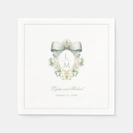 Servilleta De Papel Elegante Escudo con Sage Green Bow | Boda de monog