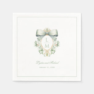 Servilleta De Papel Elegante Escudo con Sage Green Bow   Boda de monog