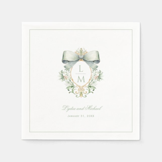 Servilleta De Papel Elegante Escudo con Sage Green Bow | Boda de monog (Anverso)