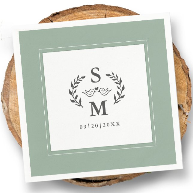 Servilleta De Papel Elegante Escudo de monograma de boda Wreath Sage G (Elegant Wedding Monogram Crest Wreath Sage Green Napkins)
