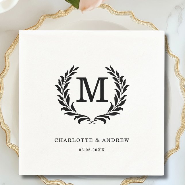 Servilleta De Papel Elegante Escudo Monograma Boda blanco (Elegant Crest Monogram White Wedding Napkins)