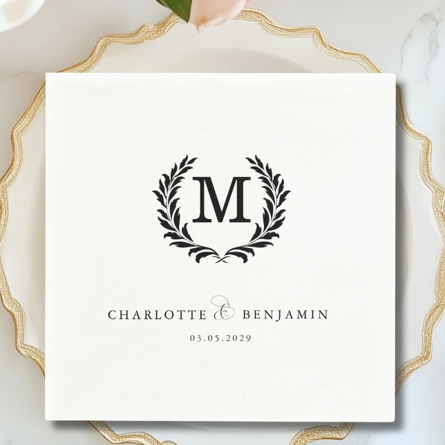 Servilleta De Papel Elegante Escudo Monograma Boda blanco (Elegant Crest Monogram White Wedding Foil Napkins)