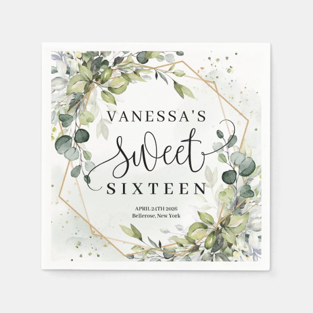 Servilleta De Papel Elegante eucalipto botánico verde oro Dulce 16 (Anverso)