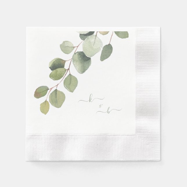 Servilleta De Papel Elegante Eucalyptus Boda de Iniciales Parejas (Anverso)