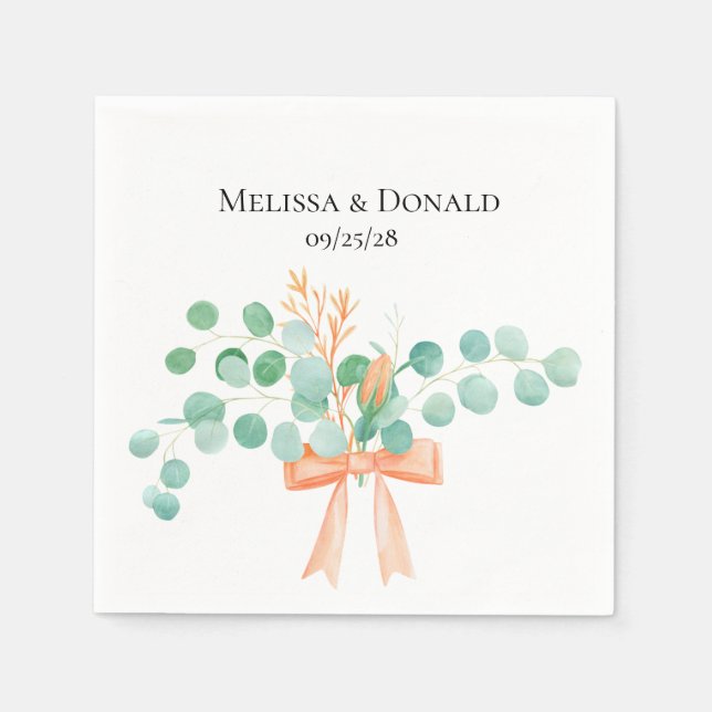 Servilleta De Papel Elegante Eucalyptus Greenery Peach Floral Boda (Anverso)