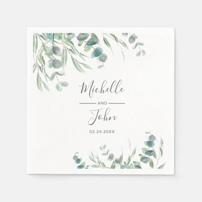 Servilleta De Papel Elegante Eucalyptus Watercolor Name Script Boda (Anverso)