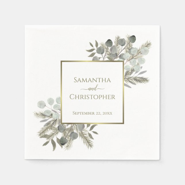 Servilleta De Papel Elegante Eucalyptus y Boda de Oro y Sabio Pino (Anverso)