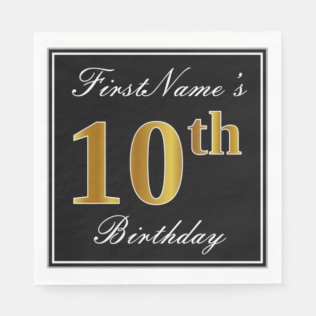 Servilleta De Papel Elegante, Faux Gold 10 cumpleaños + nombre persona (Anverso)