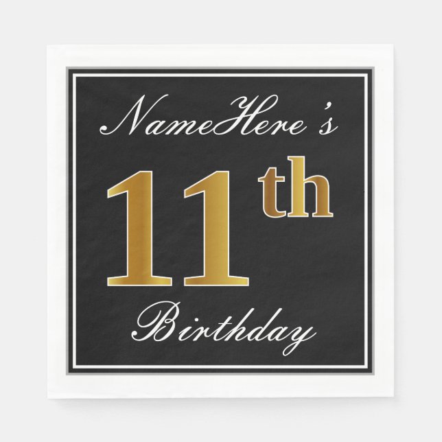 Servilleta De Papel Elegante, Faux Gold 11th Birthday + Nombre persona (Anverso)
