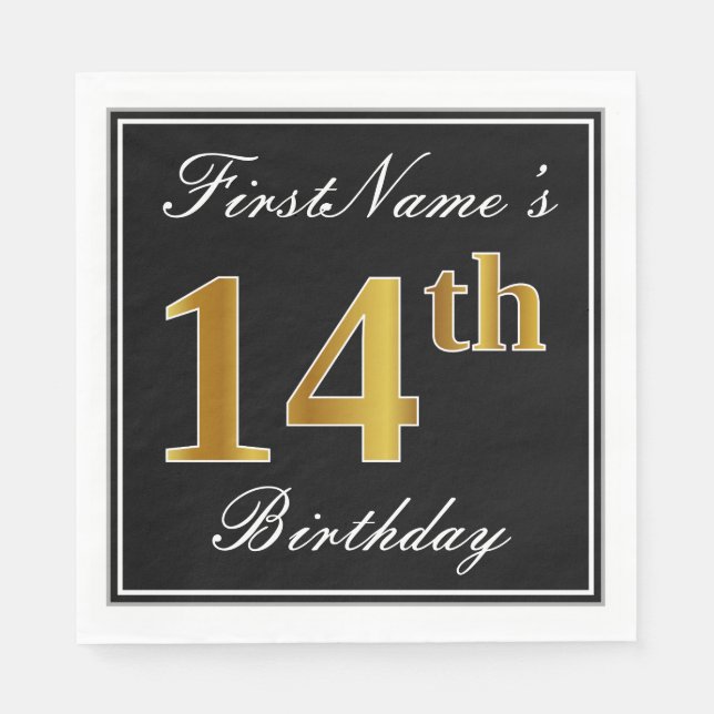 Servilleta De Papel Elegante, Faux Gold 14th Birthday + Nombre persona (Anverso)