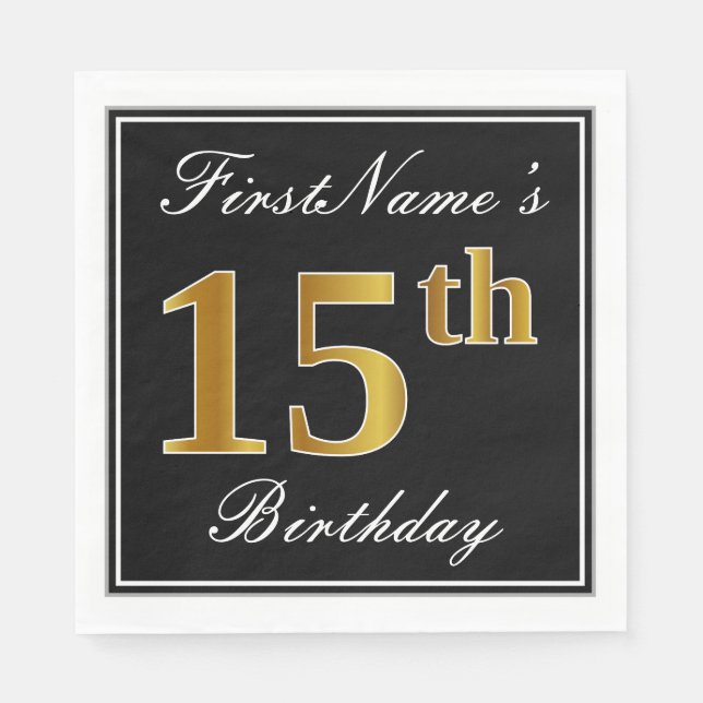 Servilleta De Papel Elegante, Faux Gold 15th Birthday + Nombre persona (Anverso)