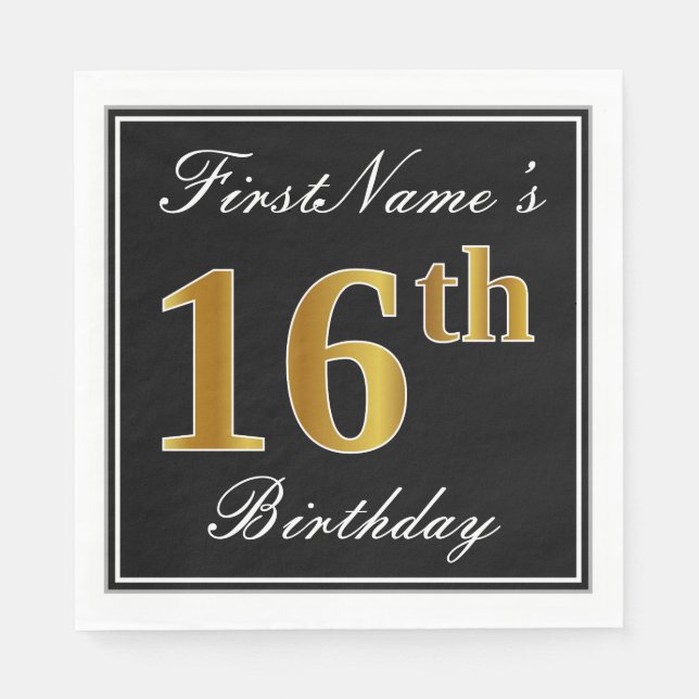 Servilleta De Papel Elegante, Faux Gold 16th Birthday + Nombre persona (Anverso)