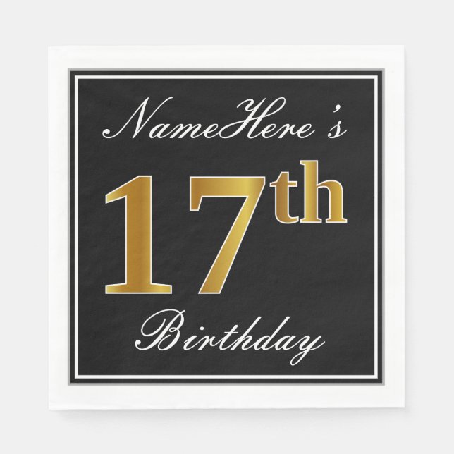Servilleta De Papel Elegante, Faux Gold 17th Birthday + Nombre persona (Anverso)