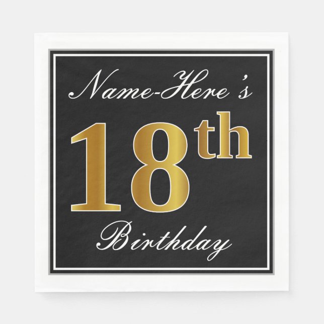 Servilleta De Papel Elegante, Faux Gold 18th Birthday + Nombre persona (Anverso)